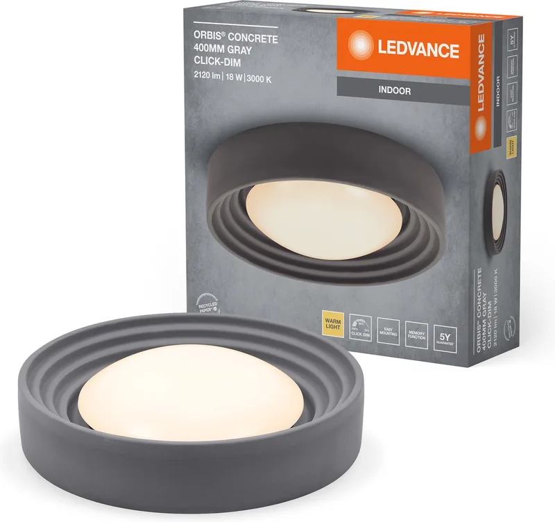 ORBIS Concrete, grijze betonnen plafondlamp met LED, 18W, 1500lm, 3000K vriendelijk warm wit, dimbaar in 3 niveaus door te klikken, 400mm diameter, IP20 bescherming, geschikt voor badkamers de LEDVANCE en Gris – photo produit