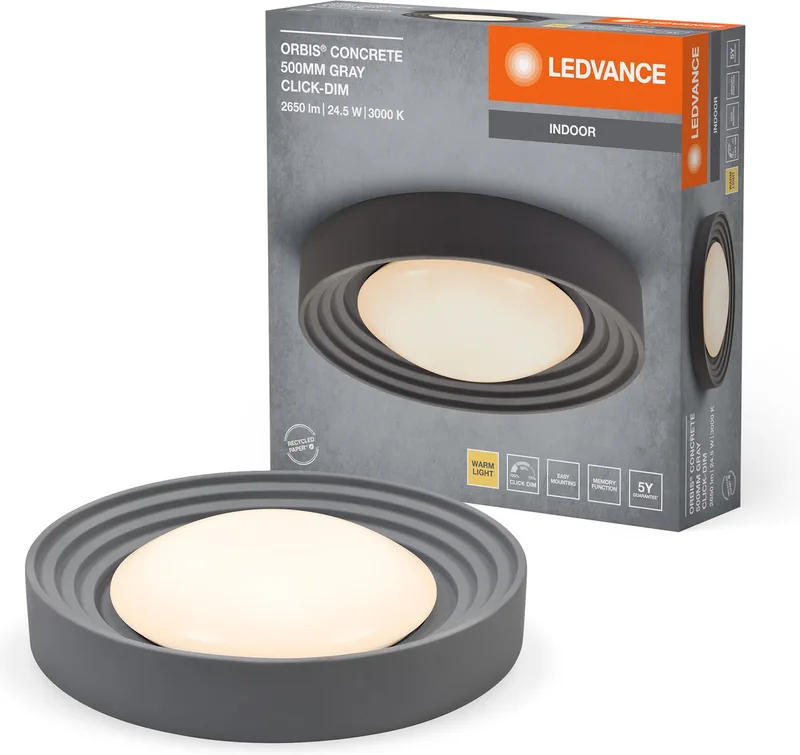 ORBIS Concrete, grijze betonnen plafondlamp met LED, 24,5W, 1800lm, 3000K vriendelijk warm wit, dimbaar in 3 stappen door te klikken, 500mm diameter, IP20 bescherming, geschikt voor badkamers de LEDVANCE en Gris – photo produit