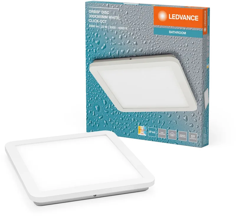 ORBIS Disc wand-/plafondlamp met LED, 22W, 1800lm, 3000/4000K, verstelbaar via wandschakelaar met Click CCT, 30x30cm, IP44 bescherming voor badkamers, inclusief montageschroeven en pluggen by LEDVANCE in White – product photo