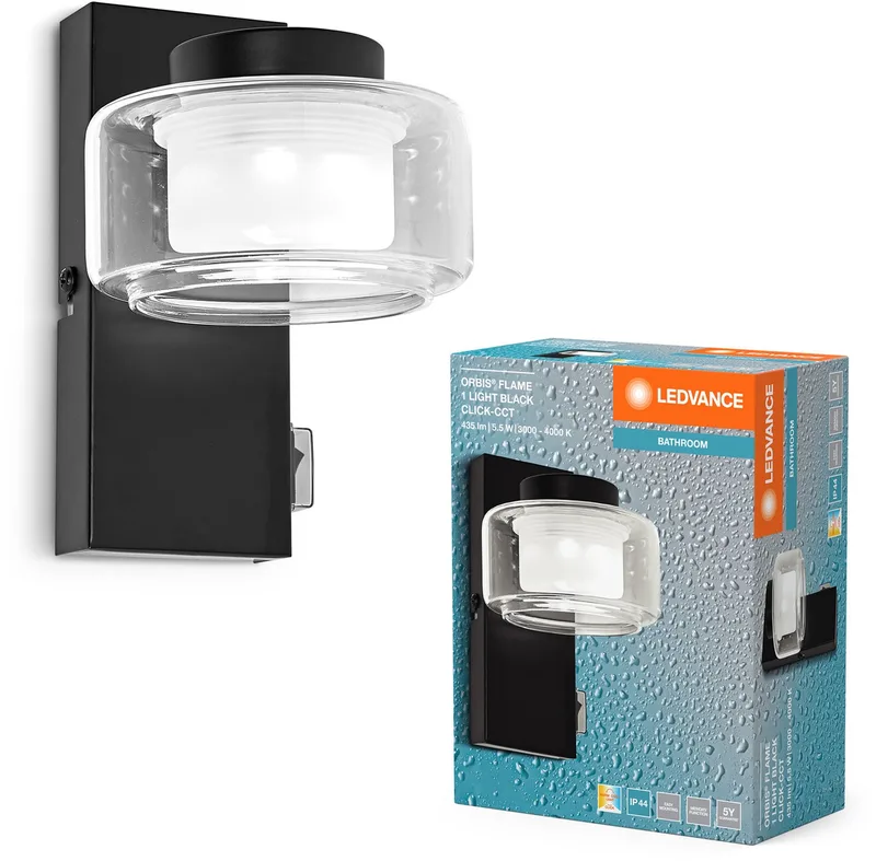 ORBIS Flame wand- en plafondlamp met LED, 5,5W, 350lm, 3000/4000K, kleurtemperatuur instelbaar via wandschakelaar (koud wit/warm wit), IP44 bescherming tegen vreemde voorwerpen en spatwater van LEDVANCE in Zwart – productfoto