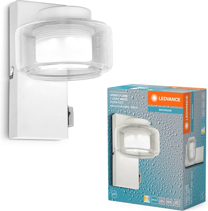ORBIS Flame wand- en plafondlamp met LED, wit, 5,5W, 350lm, 3000/4000K, kleurtemperatuur instelbaar via wandschakelaar (koud wit en warm wit), IP44 bescherming tegen vreemde voorwerpen en spatwater van LEDVANCE in Wit – productfoto