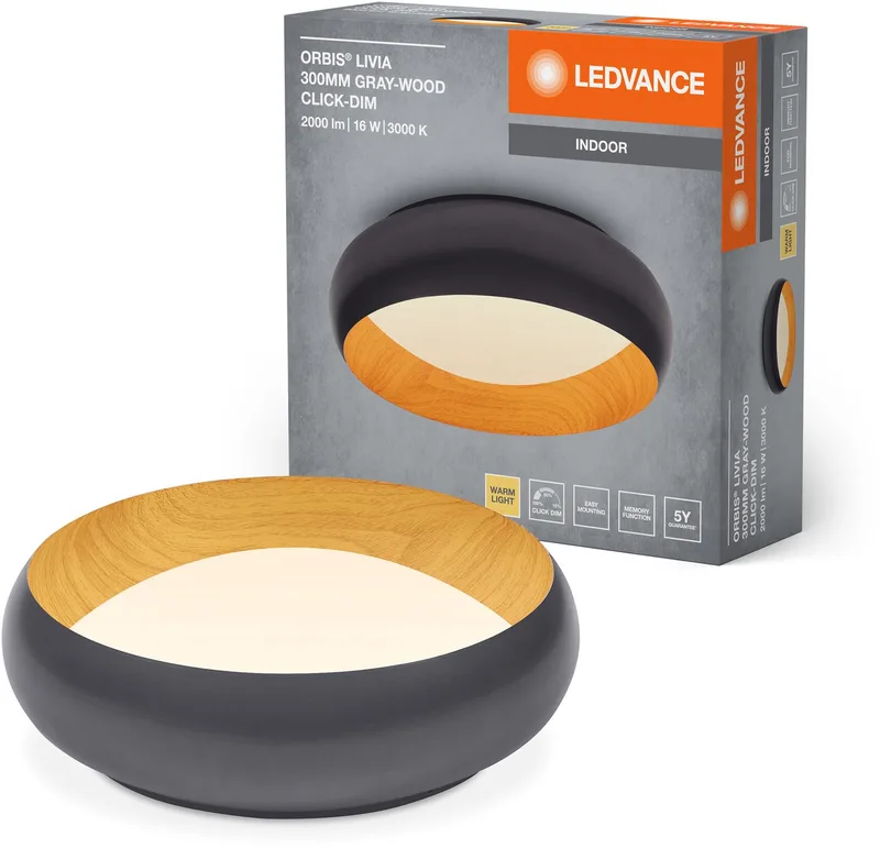 ORBIS Livia LED plafondlamp met metalen ring, grijs/hout decor, 16W, 750lm, 3000K, 300mm, 830 vriendelijk warm wit, dimbaar in 3 niveaus door te klikken, IP20, inclusief schroeven/pluggen by LEDVANCE in Grey, Houtdecor – product photo