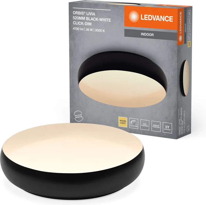 ORBIS Livia LED plafondlamp met metalen ring, zwart en wit, 36W, 2400lm, 3000K, 520mm, 830 vriendelijk warm wit, dimbaar in 3 niveaus door te klikken, IP20, inclusief montageschroeven en pluggen de LEDVANCE en Zwart-wit – photo produit