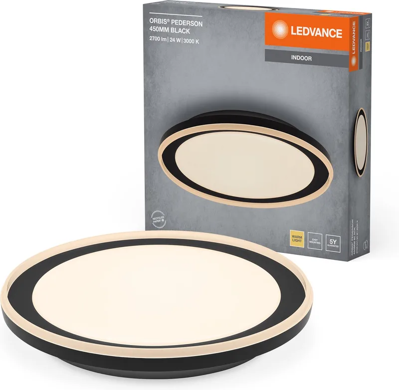 ORBIS Pederson LED plafondlamp met kunststof ring, 24W, 1450lm, 3000K, 830 vriendelijk warm wit, 450mm diameter, IP20 bescherming, inclusief montageschroeven en pluggen de LEDVANCE en Noir – photo produit