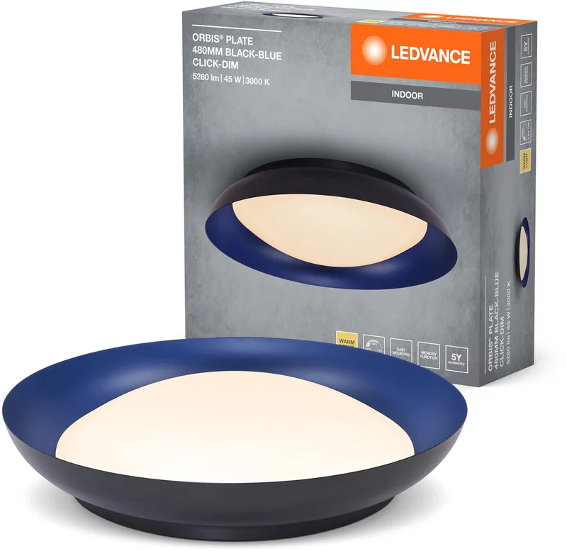 Orbis Plate LED plafondlamp, zwart-blauw, 45W, 2200lm, 3000K, 480mm, 830 vriendelijk warm wit, dimbaar in 3 niveaus door te trappen, IP20 bescherming, inclusief montageschroeven en pluggen by LEDVANCE in Black, Blue – product photo