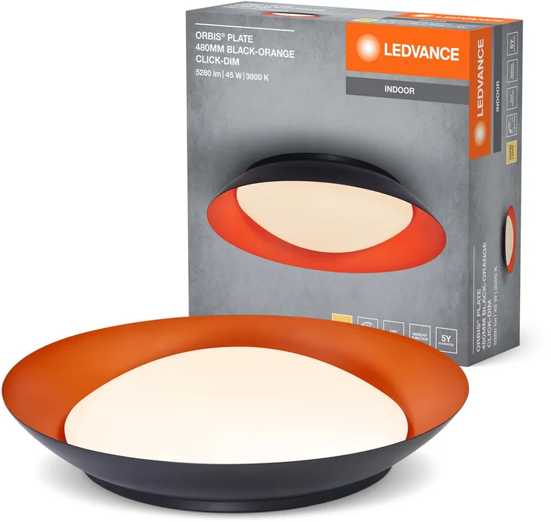 Orbis Plate LED plafondlamp, zwart-oranje, 45W, 2200lm, 3000K, 480mm, 830 vriendelijk warm wit, dimbaar in 3 niveaus door te trappen, IP20 bescherming, inclusief montageschroeven en pluggen de LEDVANCE en Noir, Jaune – photo produit