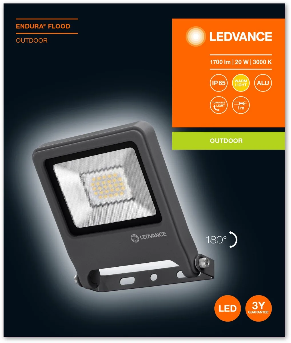 Schijnwerper LED: voor muur, ENDURA FLOOD Warm wit / 2- W, 22-…24- V, stralingshoek: 12-, Warm wit, 3- K, body materiaal: aluminum, IP65 de LEDVANCE en Gris foncé – photo produit