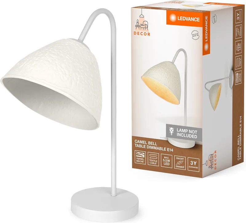 tafellamp Decor Camel Bell van metaal en papier-maché, E14, dimbaar, 220 mm lengte, lampenkap van gerecycled materiaal, duurzaam dankzij vervangbare lichtbron, eenvoudig te installeren fra LEDVANCE i Hvid – produktbillede