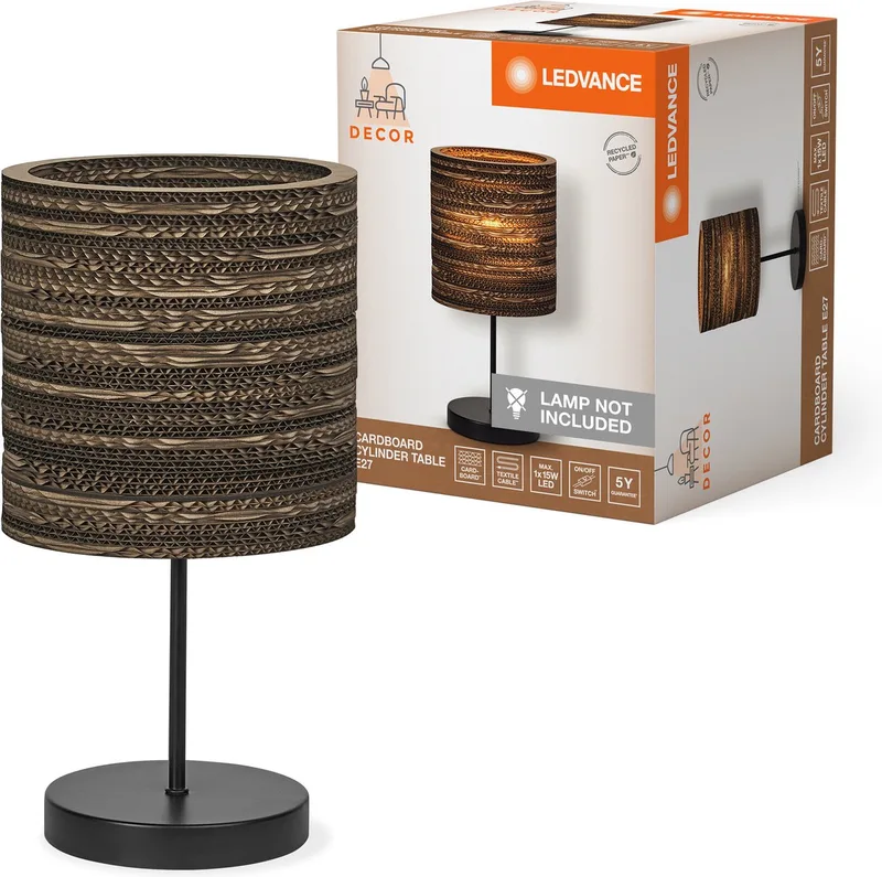 tafellamp Decor Karton Cilinder van golfkarton, E27, 200 mm diameter, lampenkap van gerecycled materiaal, duurzaam dankzij vervangbare lichtbron, eenvoudig te installeren de LEDVANCE en Marron – photo produit