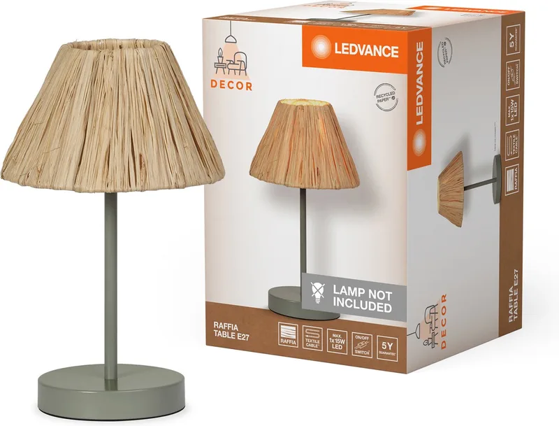 tafellamp Decor Raffia groenbruin van raffia en metaal, E27, 200 mm diameter, lampenkap van gerecycled materiaal, duurzaam dankzij vervangbare lichtbron, eenvoudig te installeren fra LEDVANCE i Brun, Grøn – produktbillede