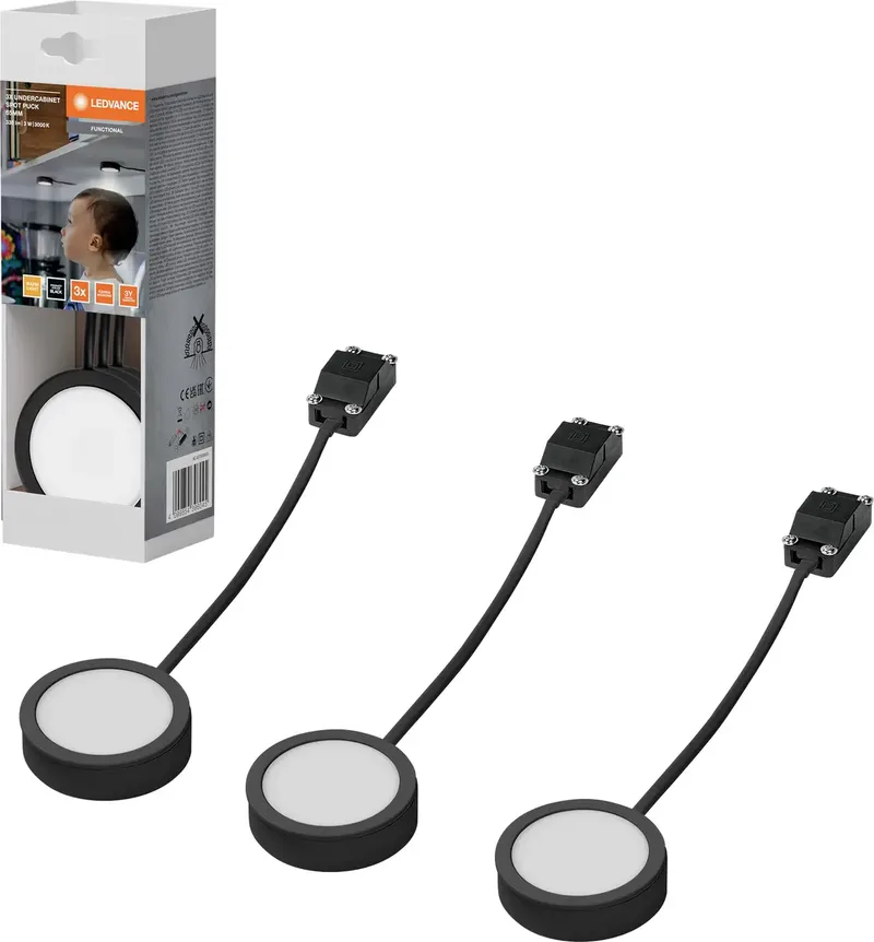 Undercabinet Spot Puck 65mm 3 x 3W 830 Black LED-Unterbauleuchte LED 3.00 W Warmweiß Schwarz von LEDVANCE in Schwarz – Produktfoto