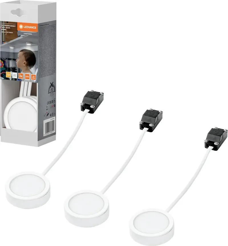 Undercabinet Spot Puck 65mm 3 x 3W 830 White Éclairage LED pour meuble LED 3.00 W blanc chaud blanc de LEDVANCE en Blanc – photo produit