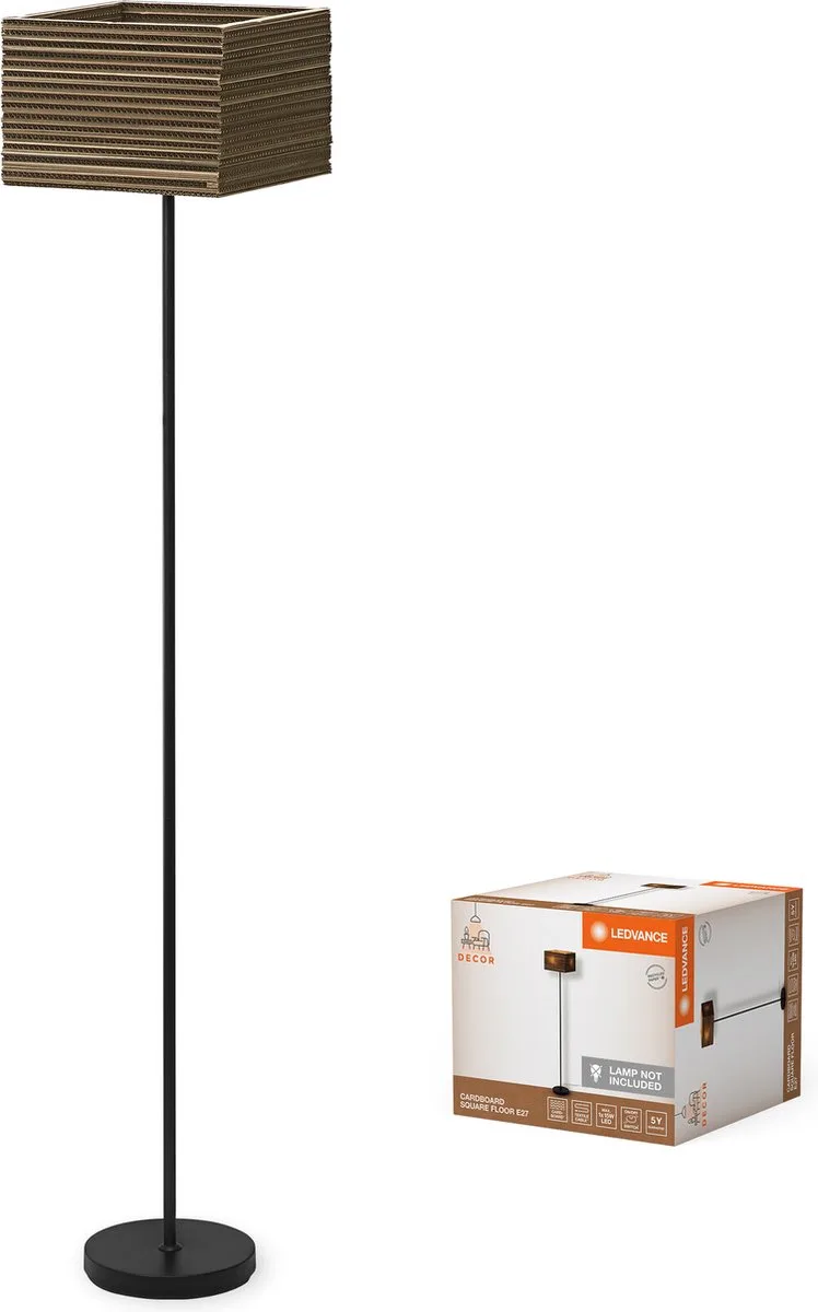 vloerlamp Decor Cardboard Vierkant van golfkarton, lichtgewicht, E27, 1600 mm hoogte, lampenkap van gerecycled materiaal, duurzaam dankzij vervangbare lichtbron, eenvoudig te installeren van LEDVANCE in Bruin – productfoto