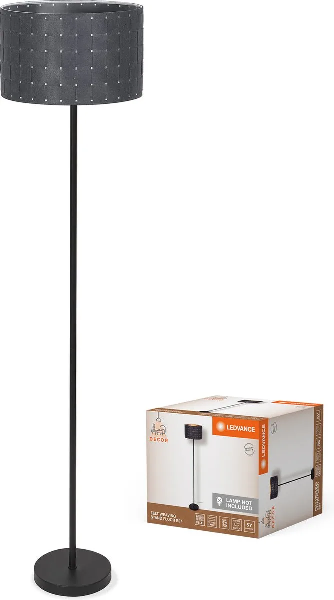 vloerlamp Decor Felt Weaving Std Floor gemaakt van vilt en metaal, E 27 , 1560mm hoogte , warme lichteffecten door geweven lampenkap, duurzaam door vervangbare lichtbron, eenvoudig te installeren van LEDVANCE in Donkergrijs – productfoto