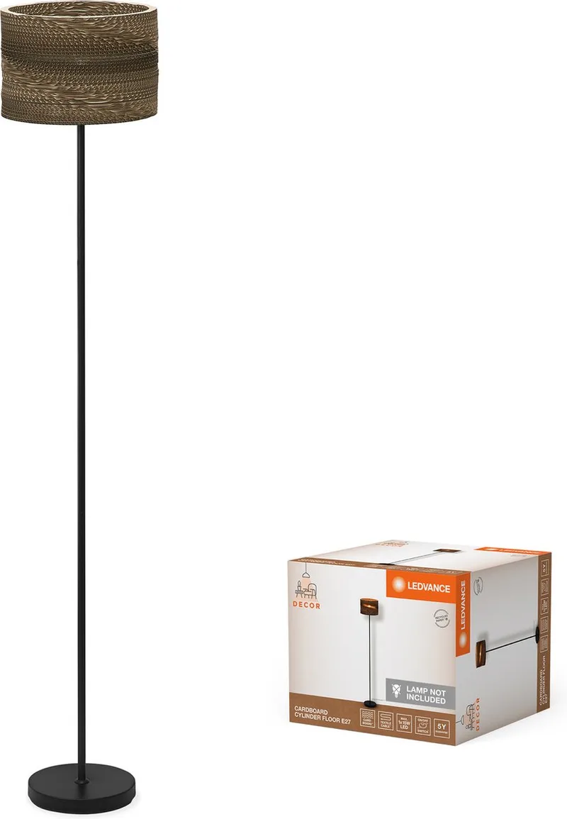 vloerlamp Decor Karton Cilinder van golfkarton, E27, 1600 mm hoogte , lampenkap van gerecycled materiaal, duurzaam dankzij vervangbare lichtbron, eenvoudig te installeren fra LEDVANCE i Brun – produktbillede