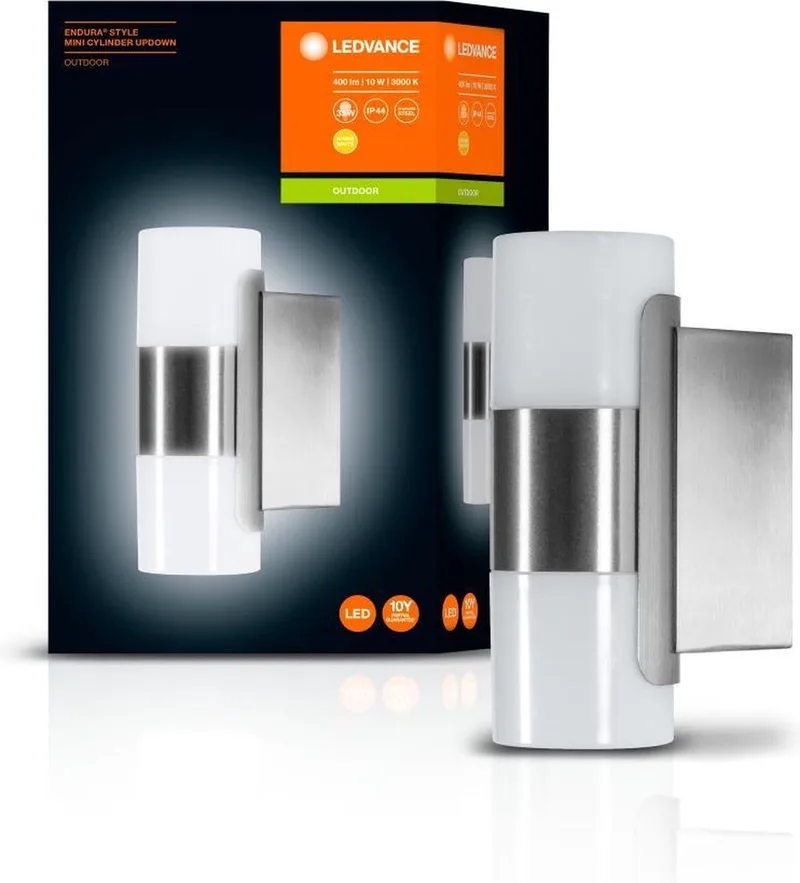 wand- en plafondarmatuur LED: voor muur, ENDURA® STYLE MINI CYLINDER / 10 W, 220…240 V, uitstralingshoek: 160°, Warm White, 3000 K, body materiaal: stainless steel, IP44, 1-bundel de LEDVANCE en Stahl – photo produit