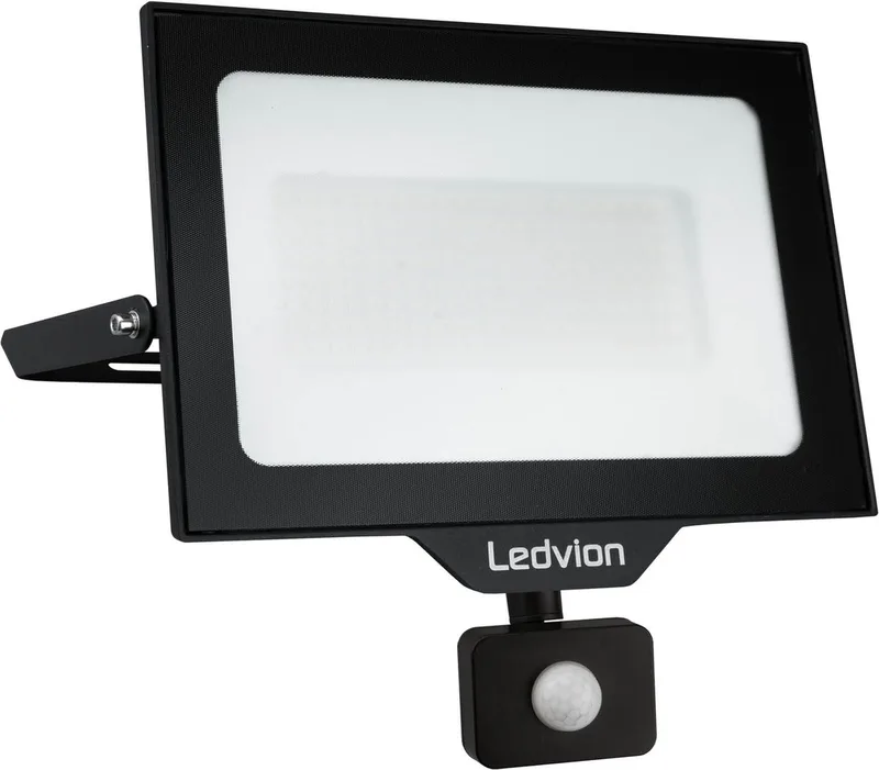 ECO LED-schijnwerper buiten, Met Sensor, IP65, 100W, 110lm/W, koel wit, 4000K, superhelder, breedstraler, buitenlamp fra Ledvion i Sort – produktbillede