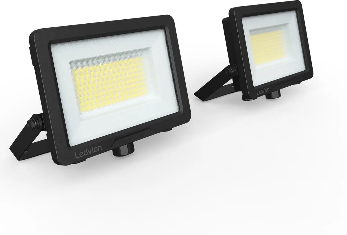 Ledvion - 2x Performance LED-schijnwerper buiten, IP66, 50W, 135lm/w, koel wit, 6500K, superhelder, breedstraler, buitenlamp fra Ledvion i Sort – produktbillede
