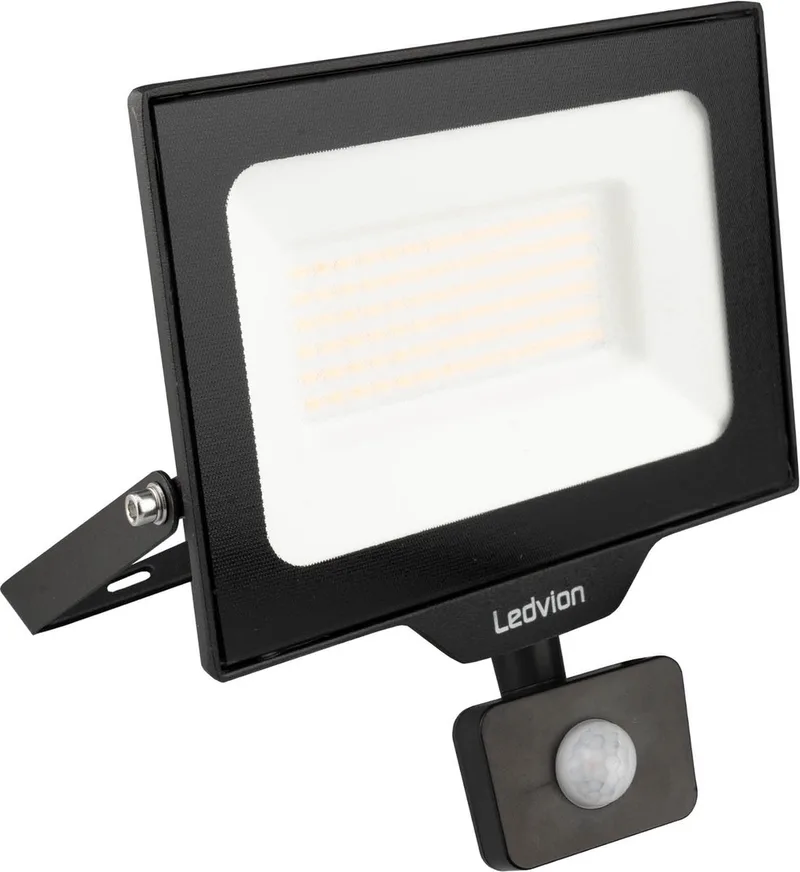 Performance LED-schijnwerper buiten, Met Sensor, IP65, 50W, 135lm/w, koel wit, 6500K, superhelder, breedstraler, buitenlamp fra Ledvion i Sort – produktbillede