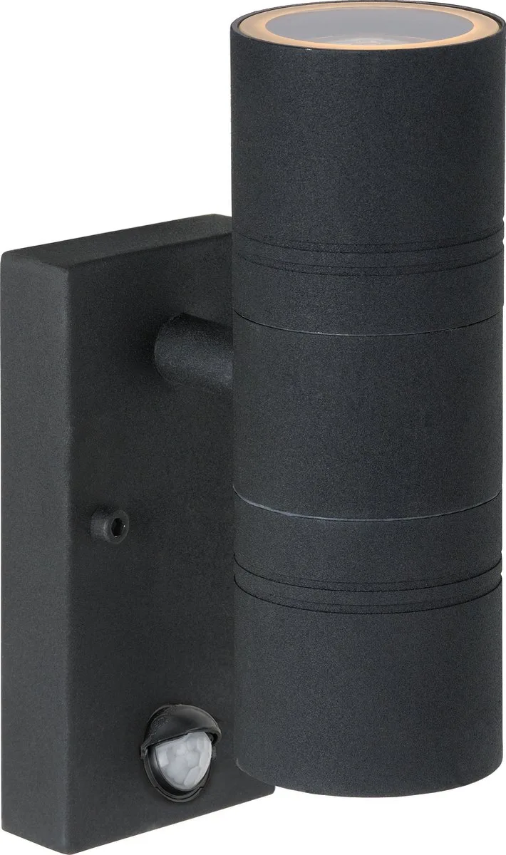 ARNE-LED IR - Wandspot / Wandlamp Binnen/Buiten - Ø 6,3 cm - LED - GU10 (MR16) - 2x5W 2700K - IP44 - Beweging & dag/nacht sensor von Lucide in Schwarz – Produktfoto