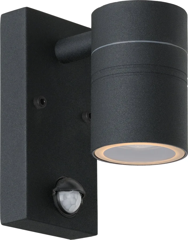 ARNE-LED IR - Wandspot / Wandlamp Binnen/Buiten - Ø 6,3 cm - LED - GU10 (MR16) - 1x5W 2700K - IP44 - Beweging & dag/nacht sensor by Lucide in Black – product photo