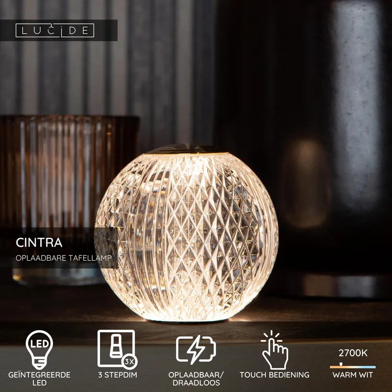 CINTRA - Oplaadbare Tafellamp - Accu/Batterij - Ø 11 cm - LED 3 StepDim - 1x2W 2700K de Lucide en Transparent – photo produit
