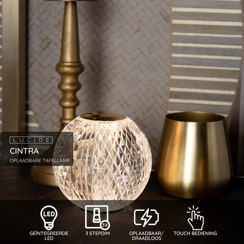 CINTRA - Oplaadbare Tafellamp - Accu/Batterij - Ø 9 cm - LED 3 StepDim - 1x1,5W 2700K de Lucide en Transparent – photo produit