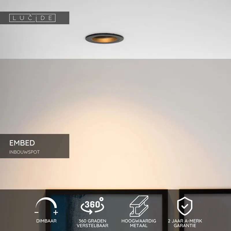EMBED - Inbouwspot - Ø 9,1 cm - 1xGU10 de Lucide en Noir – photo produit