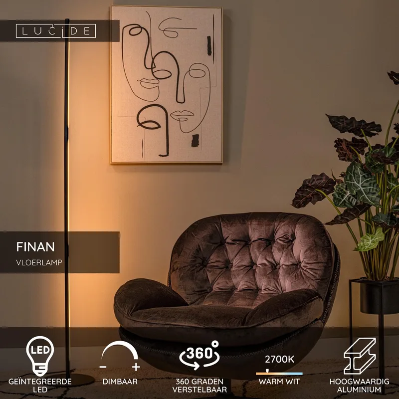 FINAN - Vloerlamp - LED Dimbaar - 1x32W 2700K de Lucide en Noir – photo produit