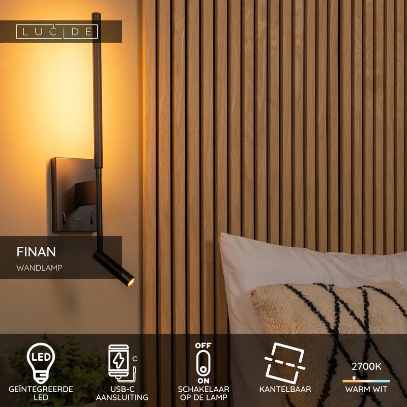 FINAN - Wandlamp - LED - 2700K - Met USB oplaadpunt de Lucide en Noir – photo produit