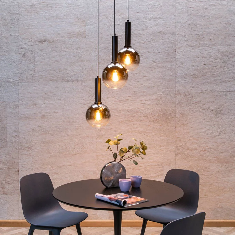 Hanglamp Marius, glazen kap, zwart, 3-lamps fra Lucide i Sort, Rookgrijs-transparant – produktbillede