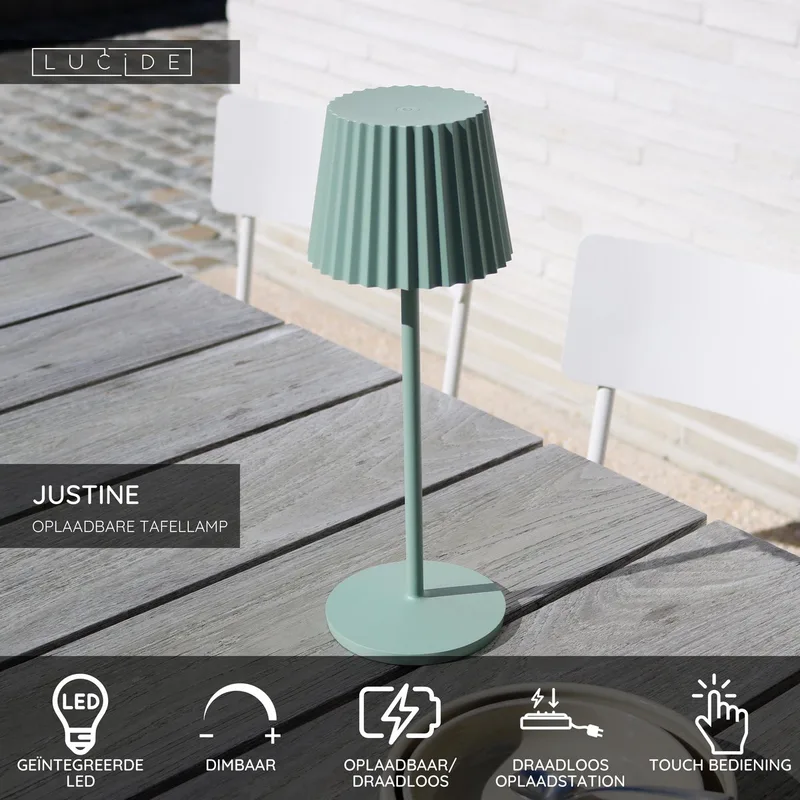JUSTINE - Oplaadbare Tafellamp Binnen/Buiten - Accu/Batterij - LED Dimbaar - 1x2W 2700K - IP54 - Met draadloos oplaadstation fra Lucide i Grøn – produktbillede
