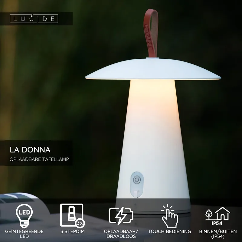 LA DONNA - Oplaadbare Tafellamp Binnen/Buiten - Accu/Batterij - Ø 19,7 cm - LED 3 StepDim - 1x2W 2700K - IP54 de Lucide en Blanc – photo produit