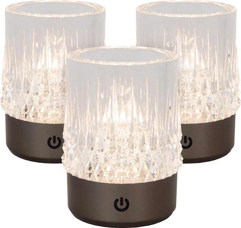 LILY - Oplaadbare Tafellamp - Accu/Batterij - Ø 8 cm - LED 3 StepDim - 1x3W 2700K/3000K - Set van 3 by Lucide in Zwart chroom – product photo