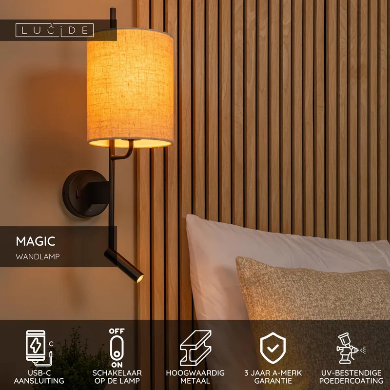 MAGIC - Wandlamp - 1xE27 - Met USB oplaadpunt - Japandi de Lucide en Noir – photo produit