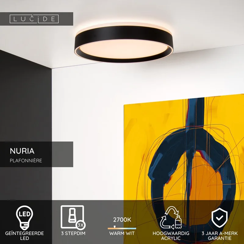 NURIA - Plafonnière (Plafondlamp) - Ø 30 cm - LED 3 StepDim - 1x18W 2700K de Lucide en Noir – photo produit