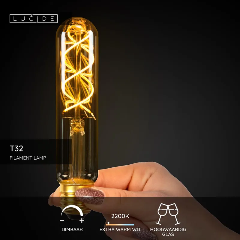 LED lamp E27 buis T30 5W 2.200K dimbaar 15cm van Lucide – productfoto