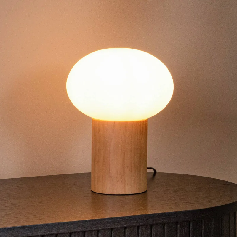 Tafellamp Birtle, hoogte 23 cm, wit/licht hout, hout/glas de Lucide en Licht hout, Blanc – photo produit