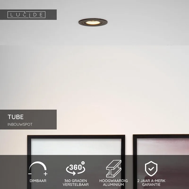 TUBE - Inbouwspot - Ø 9,2 cm - 1xGU10 de Lucide en Noir – photo produit