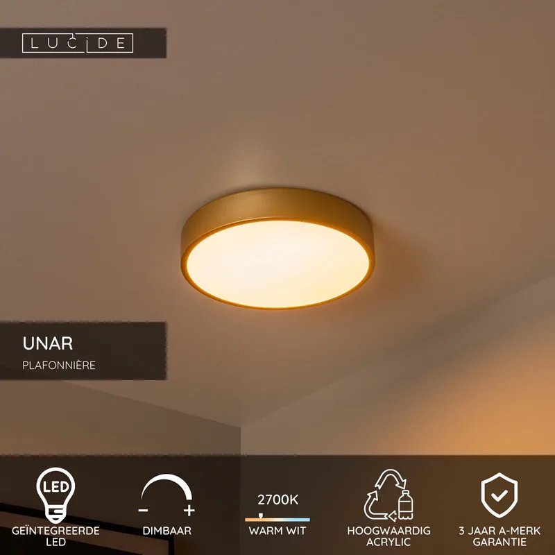 UNAR - Plafonnière (Plafondlamp) - Ø 30 cm - LED 3 StepDim (Memory) - 1x18W 2700K - Mat Goud / Messing von Lucide in Mat Goud, Messing – Produktfoto