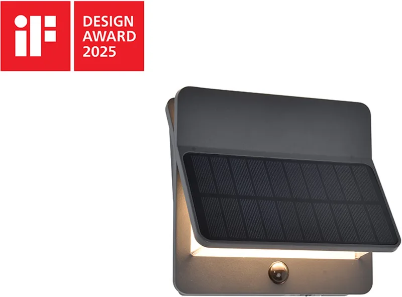 Aleta - LED Solar wandlamp voor buiten - Optimaal opladen door schuin zonnepaneel - PIR bewegingssensor - Premium Aluminium - 1100Lm - 3000K warm wit licht - IP54 extra weersbestendig fra Lutec i Mørkegrå – produktbillede