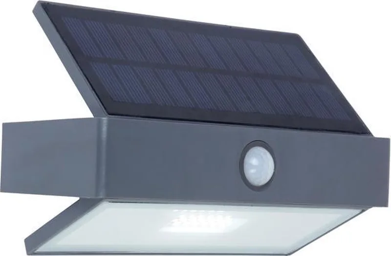 Arrow - LED solar wandlamp voor buiten - Optimaal opladen door schuin zonnepaneel - PIR bewegingssensor - Dag/nacht sensor - 180Lm - 5000K helder wit licht - IP44 weerbestendig - Donkergrijs fra Lutec i Grå – produktbillede