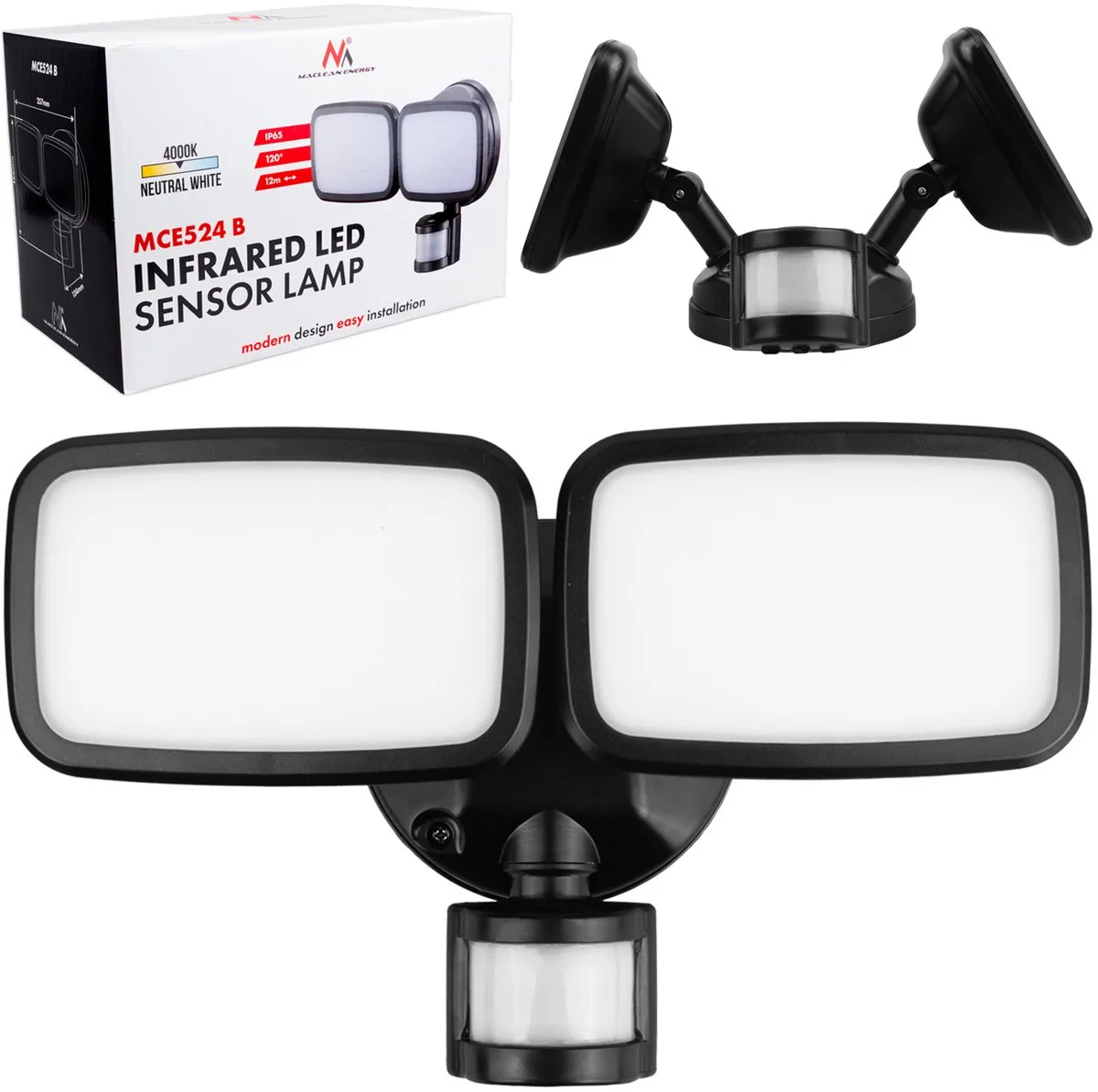 LED Wandlamp - met PIR-sensor, 20 W, 1500 lm, IP65, neutraal wit 4000 K, MCE524 B de Maclean en Noir – photo produit