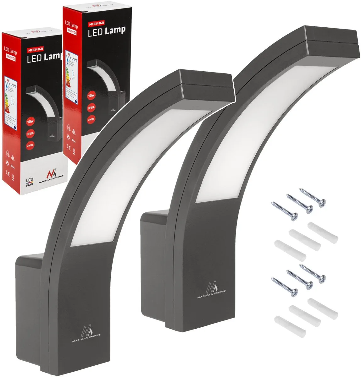 MCE343 GR LED gevellamp, 2 stuks buiten wandlamp - 800lm - 10W IP54 - natuurlijk wit (4000K) de Maclean en Gris – photo produit