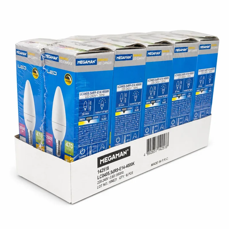 LED-Lamp Kaarslamp E14 - 10-pack, 5W, 4000K, Dimbaar de Megaman en Blanc – photo produit