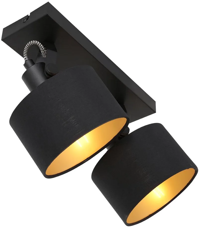 2 Lichts Spot Ornoir 3334ZW Zwart met Goudkleurige Lampenkapjes, Draaibaar en Kantelbaar, Metaal en Textiel, Modern, Mexlite, Binnen by Mexlite in Gold, Black – product photo