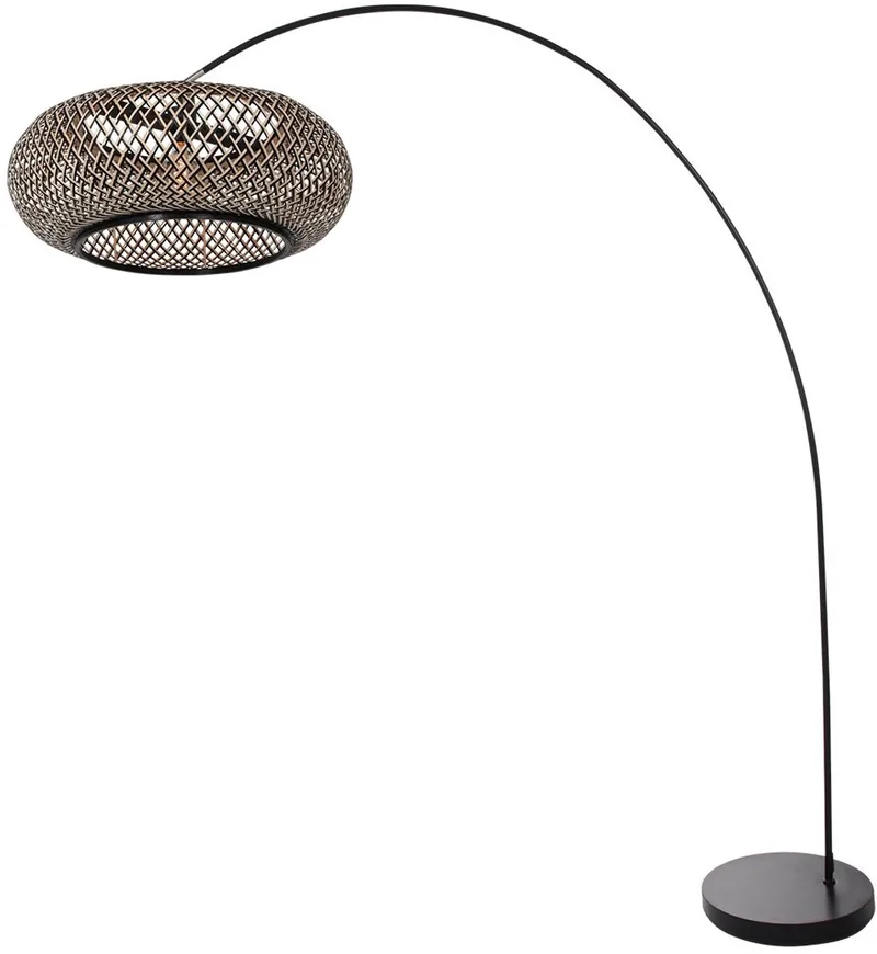 Booglamp Solva 4466ZW - Zwarte metalen vloerlamp met bamboe kap Ø60 cm, 185 cm hoog, trendy ontwerp van Mexlite, kantelbare fitting, snoer met voetschakelaar, geschikt voor binnengebruik von Mexlite in Beige, Schwarz – Produktfoto