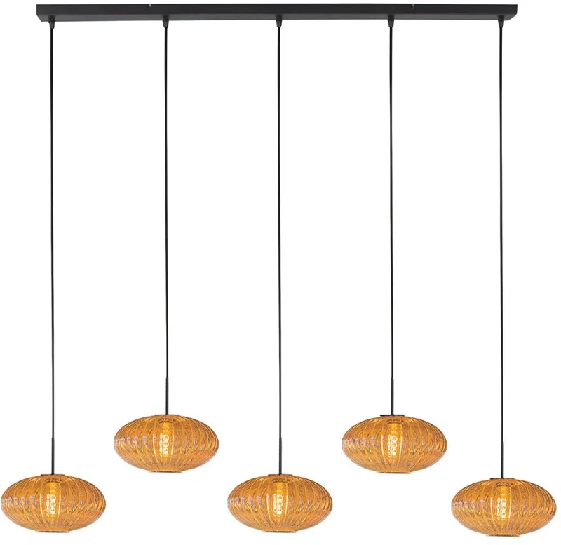 Hanglamp Aurelio 4286ZW – 5-lichts trendy ontwerp in zwart met amberkleurig glas, hoogte instelbaar, van merk Mexlite fra Mexlite i Orange, Sort – produktbillede