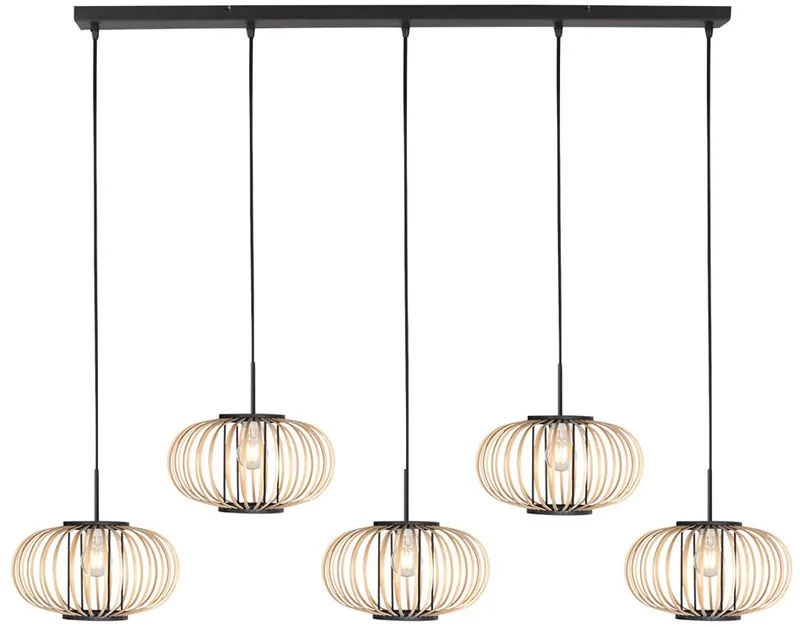 Hanglamp Silva 4529ZW – 5-lichts bamboelamp voor eettafel van Anne Light Home, hoogte instelbaar, en zwart, trendy design met metaal en bamboe kappen, diameter 31 cm, hoogte 18 cm von Mexlite in Creme – Produktfoto