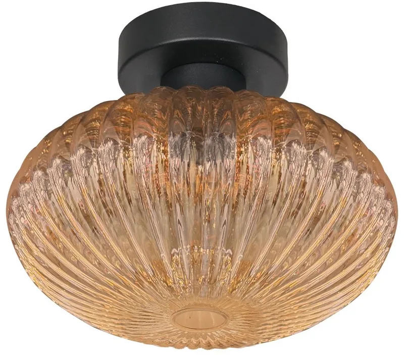Plafonnieres Aurelio 4236ZW - Amberkleurig ufo ribbelglas, zwart metaal by Mexlite in Orange, Black – product photo